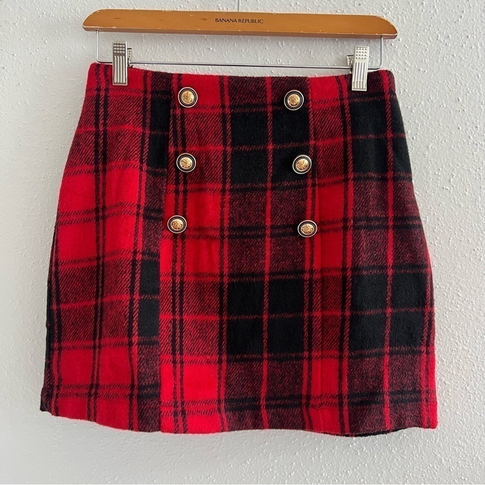 High Rise Button Front Plaid Print Skirt